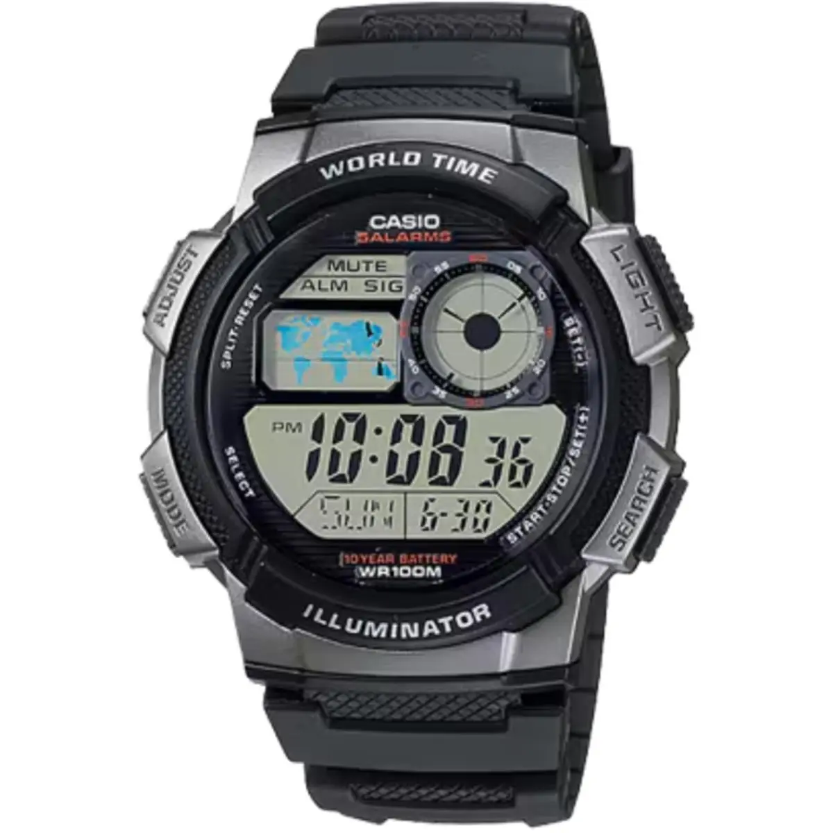 Casio Men’s World Time Digital Watch with Black and Silver Dial