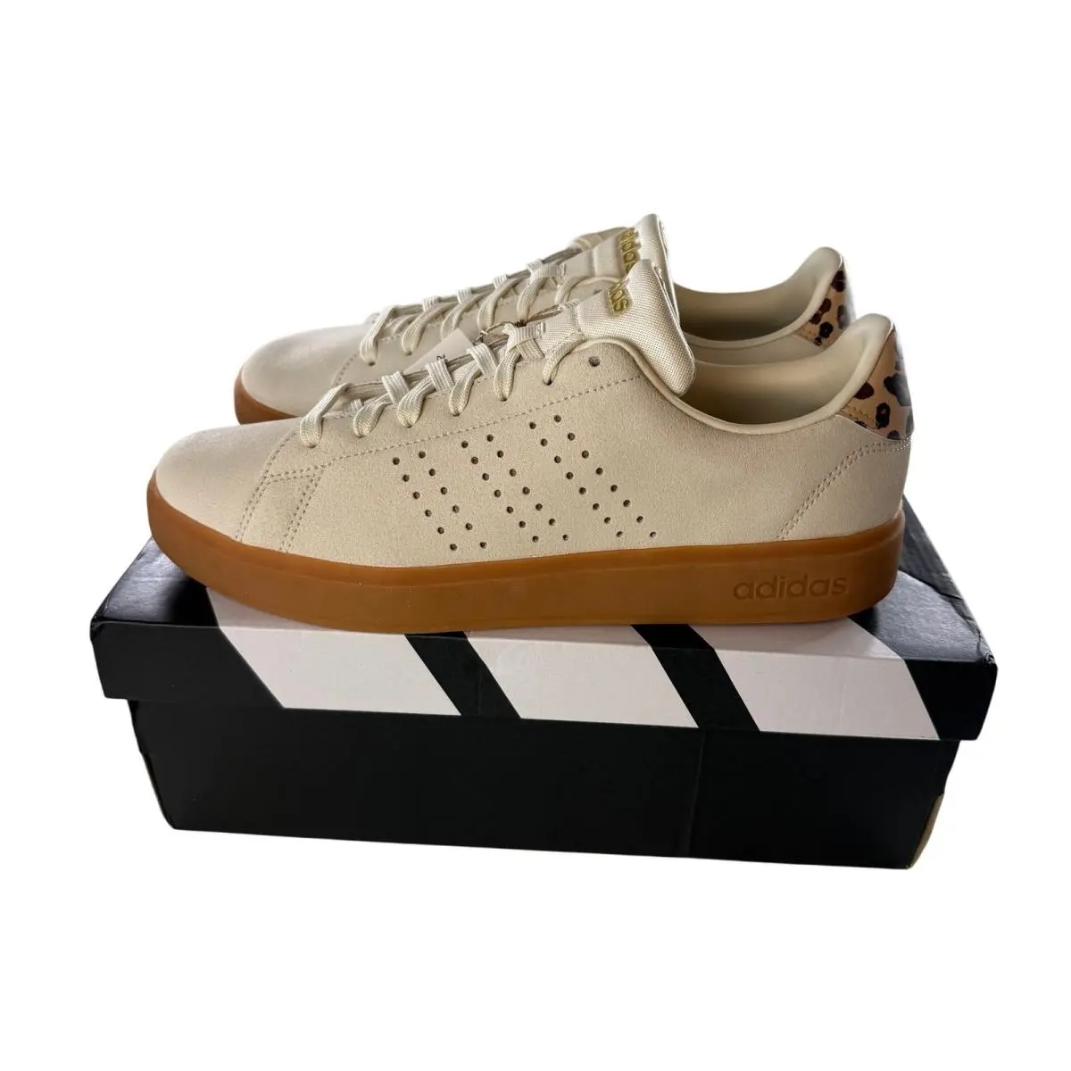 Adidas Advantage 2.0 Cream Suede Leopard Accent Sneakers Womens 11 JQ7396