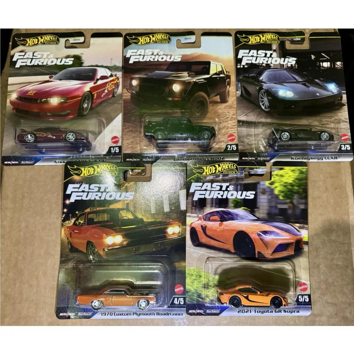 Hot Wheels Premium Fast Furious Full Set 1-5 Nissan 240SX S14 Supra Real Rider