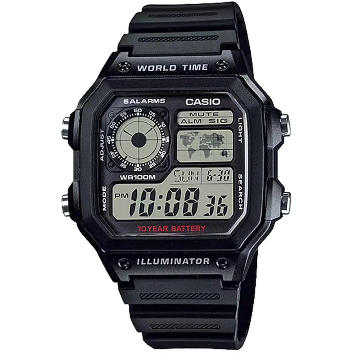 Casio Men`s World Time Digital Resin Strap Watch Black - AE-1200WH-1AVCF