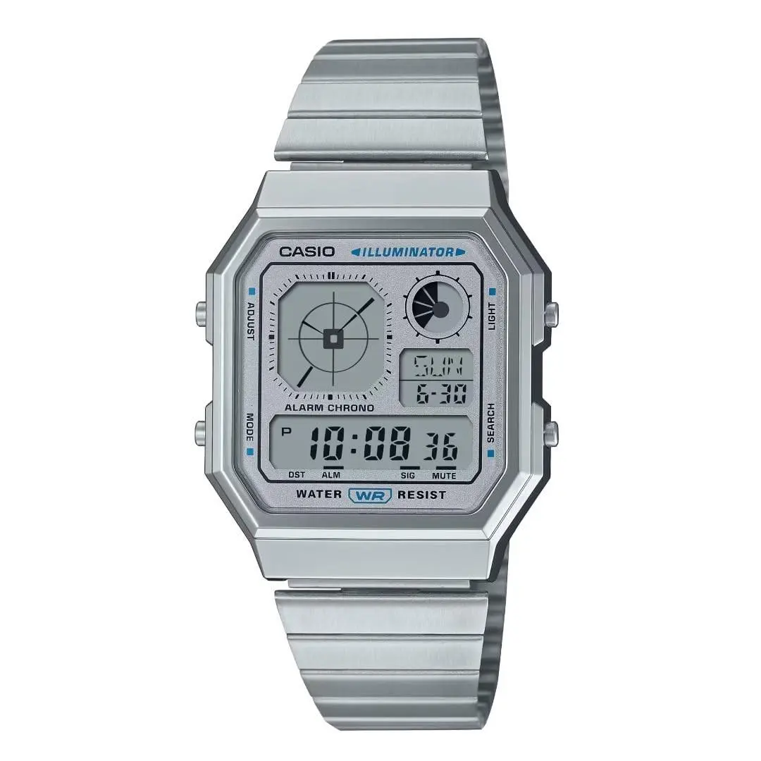Casio Vintage Digital Silver Stainless Steel Watch - A130WE-7AEF - Dial: Silver, White, Gray, Band: Silver, Gray, Multicolor, Bezel: Gray, Silver