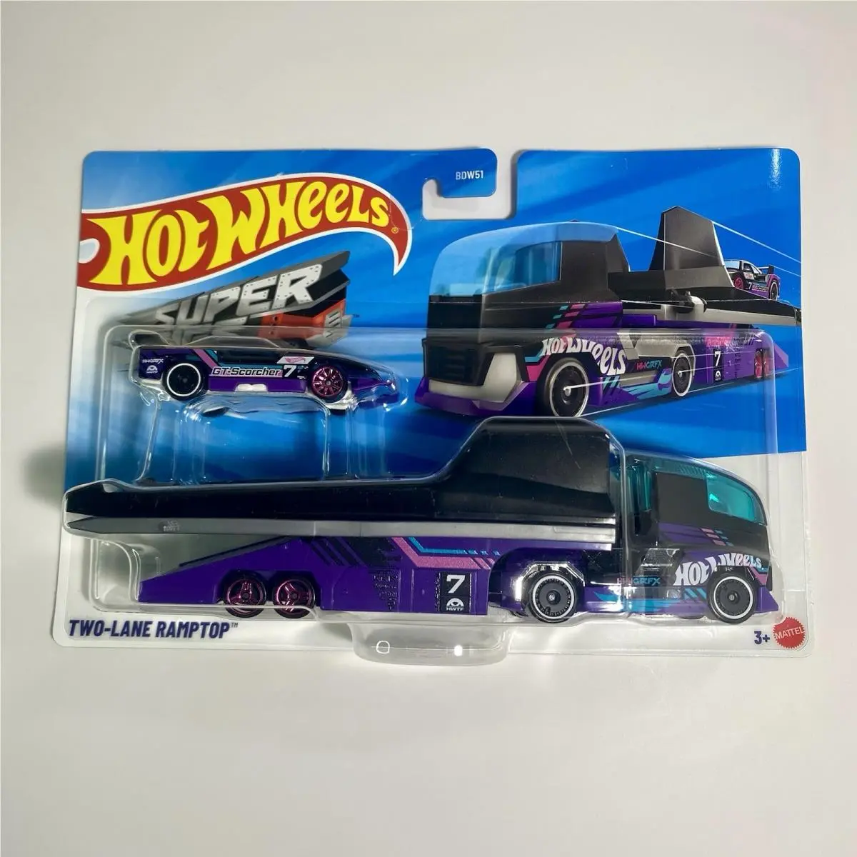 Hot Wheels Super Rigs Two-lane Ramptop GT Scorcher 1:64 Diecast Transport Combo