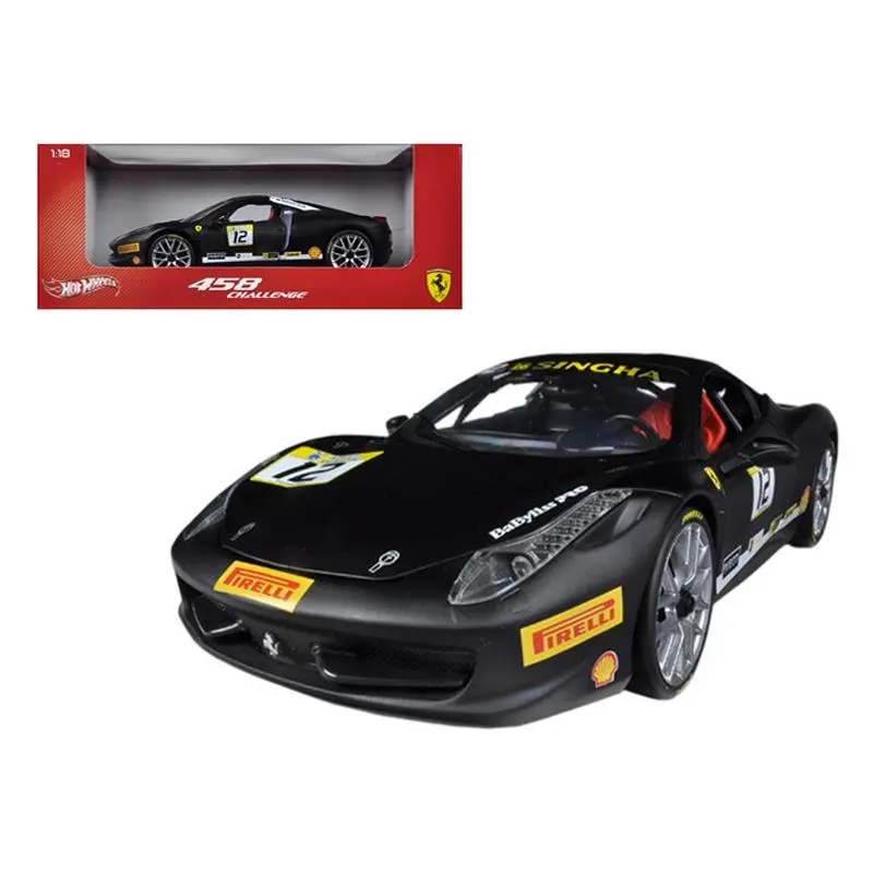 Ferrari 458 Challenge Matt Black 12 1/18 Diecast Car Model by Hot Wheels