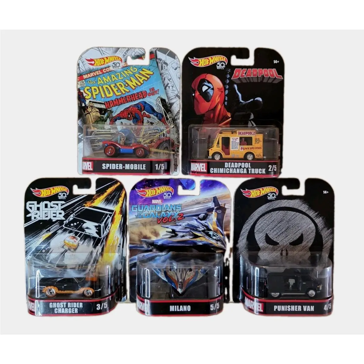 Hot Wheels Premium 50th Anniversary Marvel 5 Car Complete Set 1-5