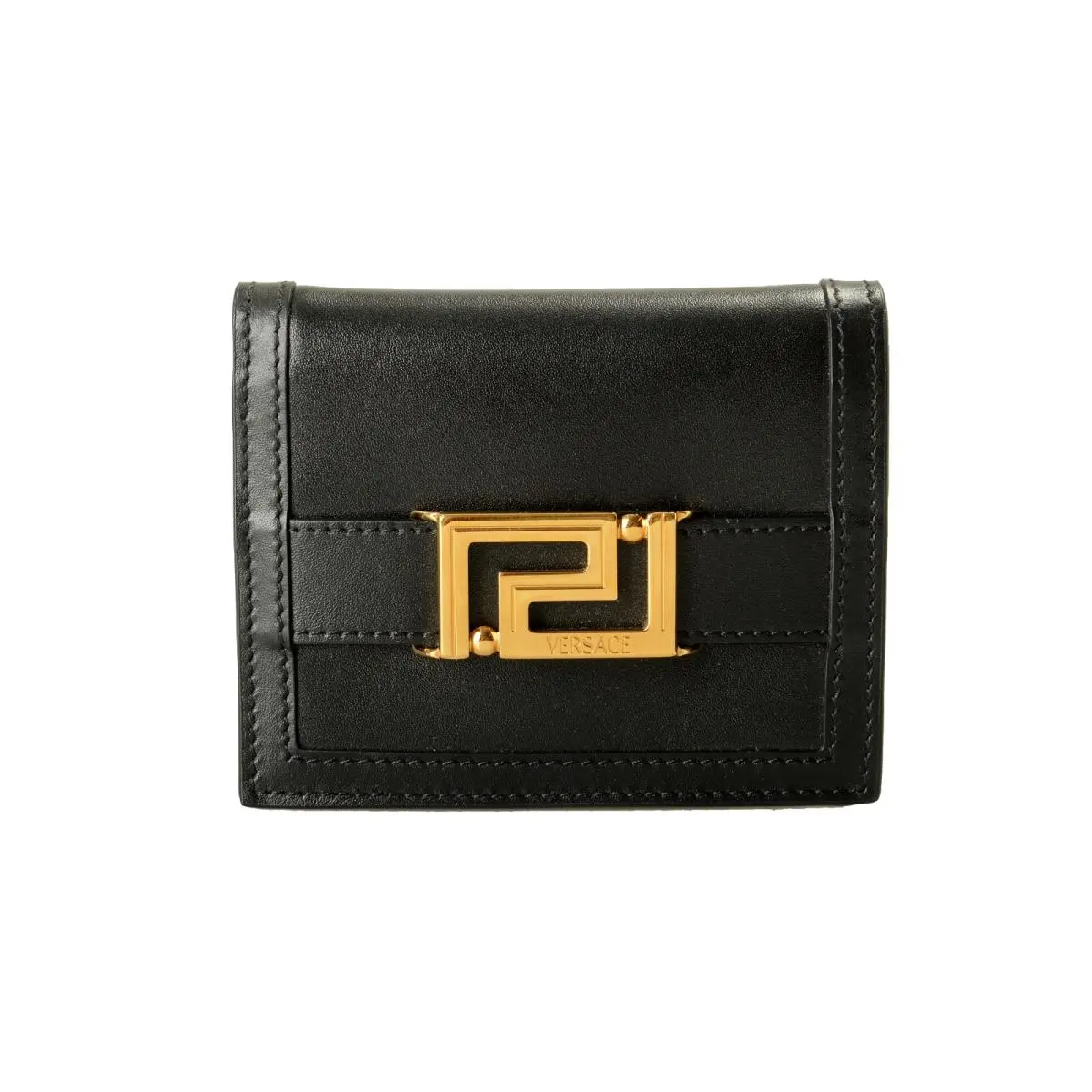 Women`s Black Leather Gold Color Creeca Logo Bifold Wallet by Versace