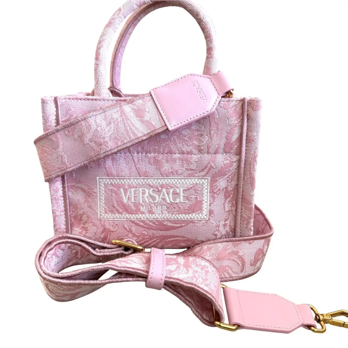Barocco Athena Mini Pink Canvas Logo Print Tote Bag 1015288 by Versace