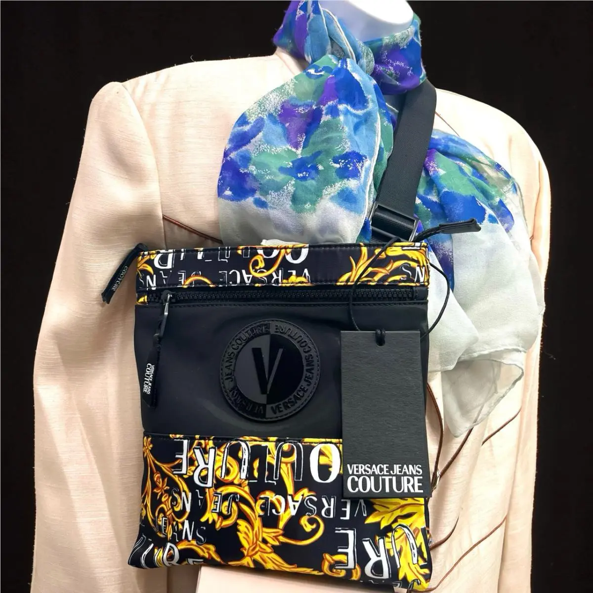 Versace Jeans Couture Shoulder Bag Black Gold White Logo+free Chiffon Scarf 11
