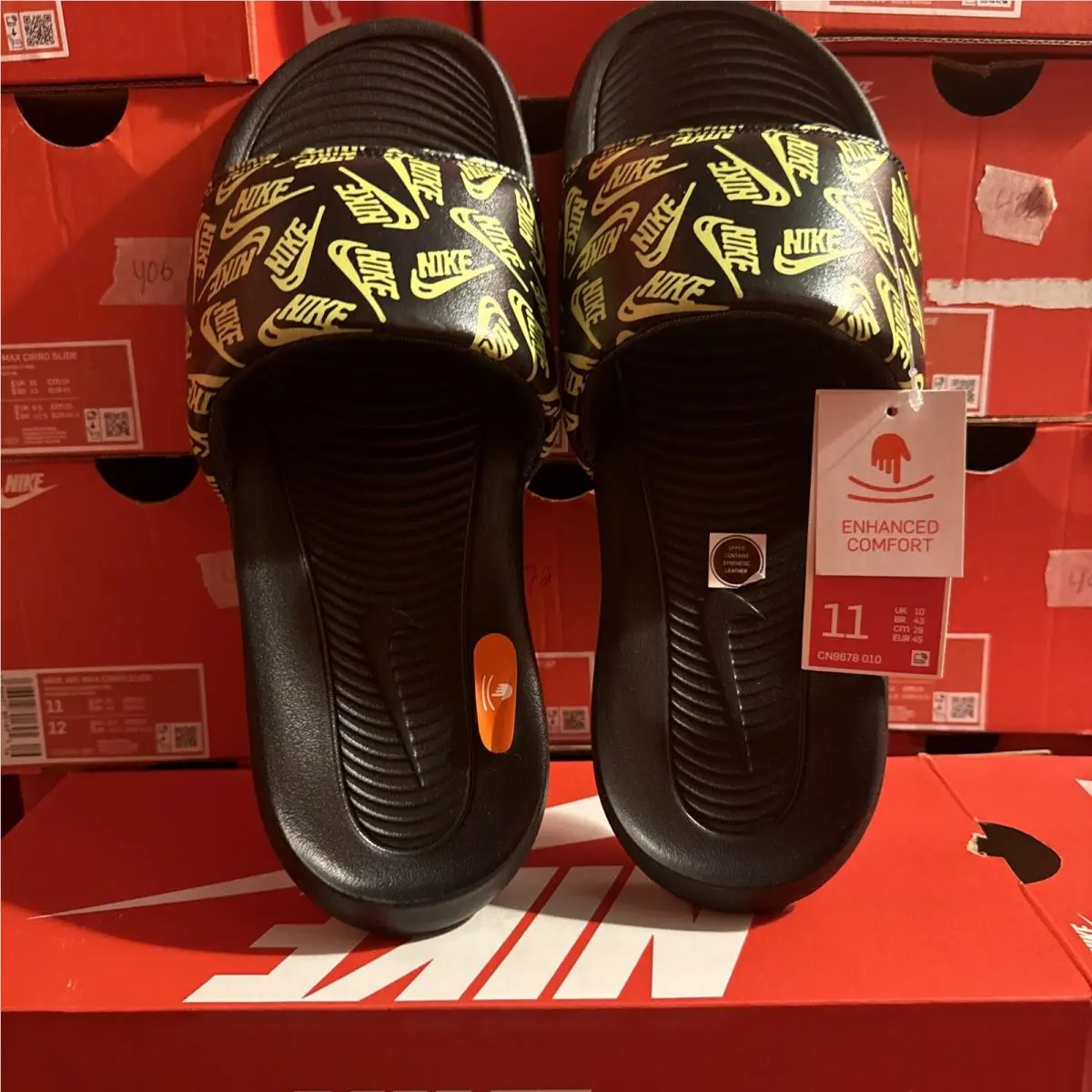 Size 11  Victori One Black/volt Logo Print Sport Slides by Nike