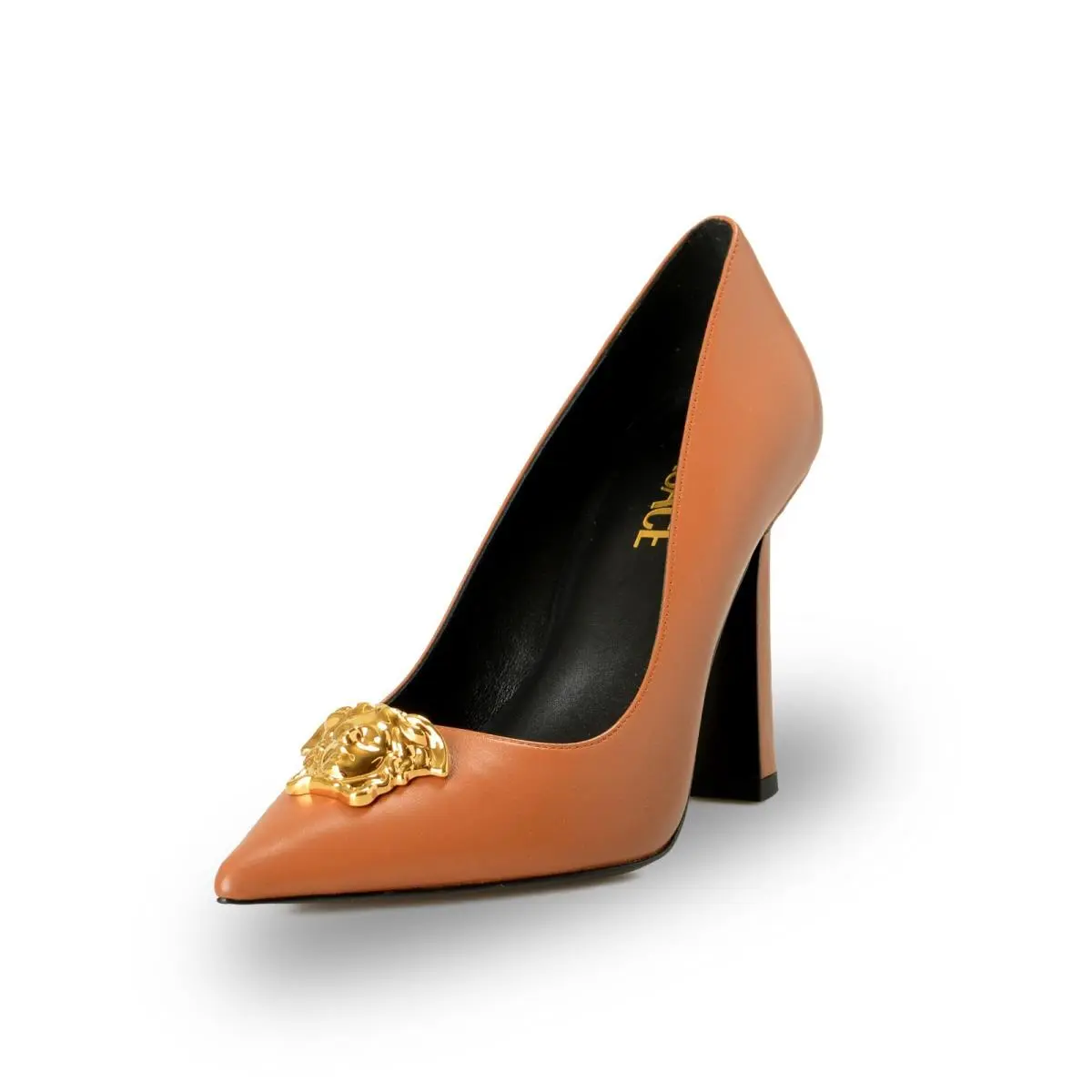 Versace Women`s Gold Medusa Brown Leather Heeled Pumps Shoes US 6 IT 36