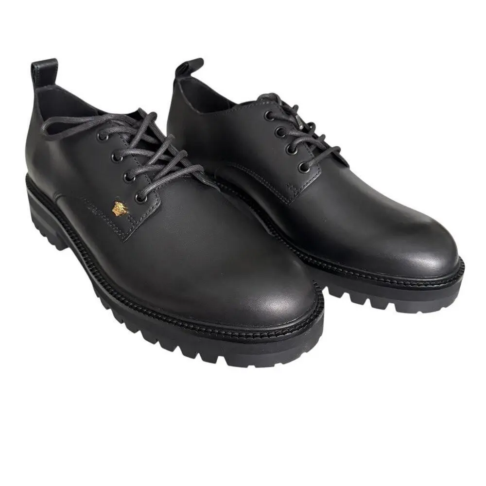 1014646 Men`s Black Leather Small Gold Logo Medusa Derby Shoes 44 by Versace