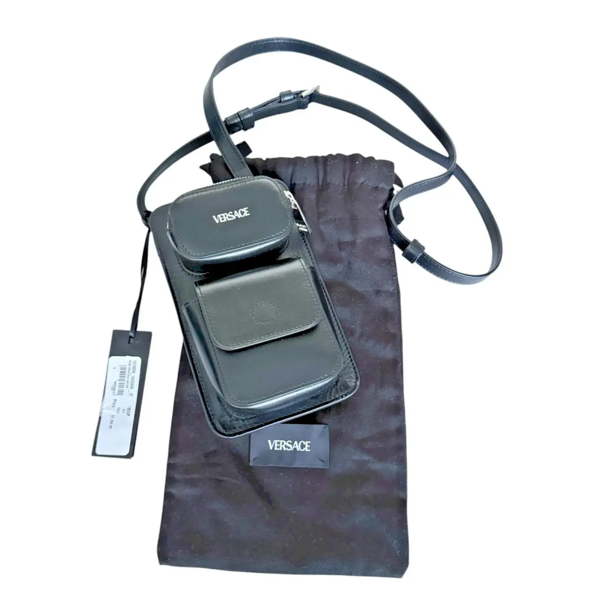 1013558 Phone Pouch Bag Black Calf Leather with Lanyard by Versace