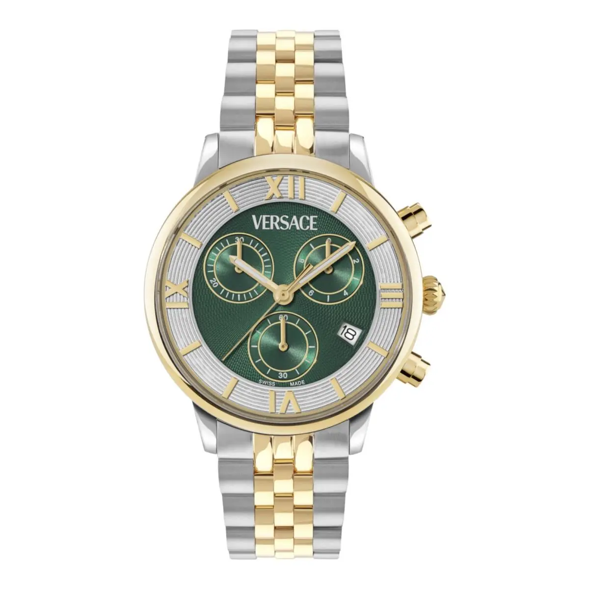 Versace Classic Round Chrono Women’s Watch Swiss Made Luxury Designer Watch - Dial: Green, Band: Silver, Bezel: Gold