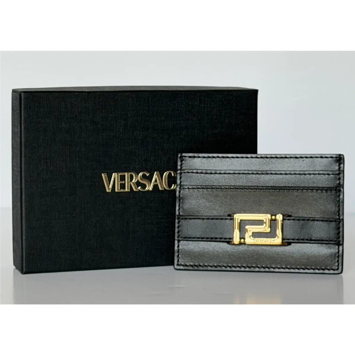 Versace Greca Black Calf Leather Card Case Wallet 1023433 Italy