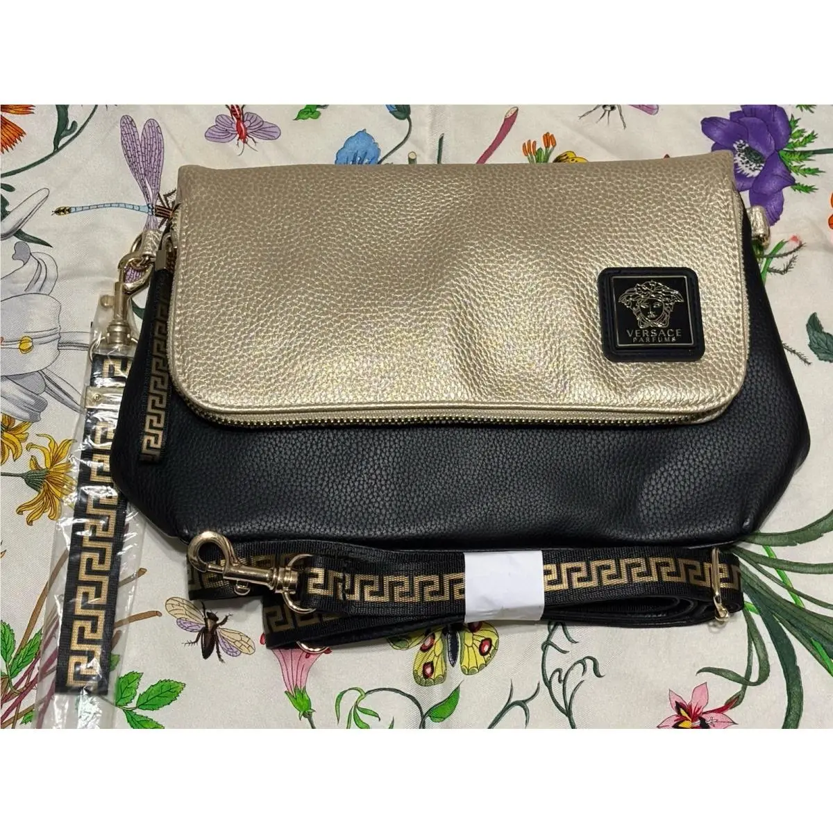 Versace Parfums Gold Black Leather Clutch Crossbody Bag