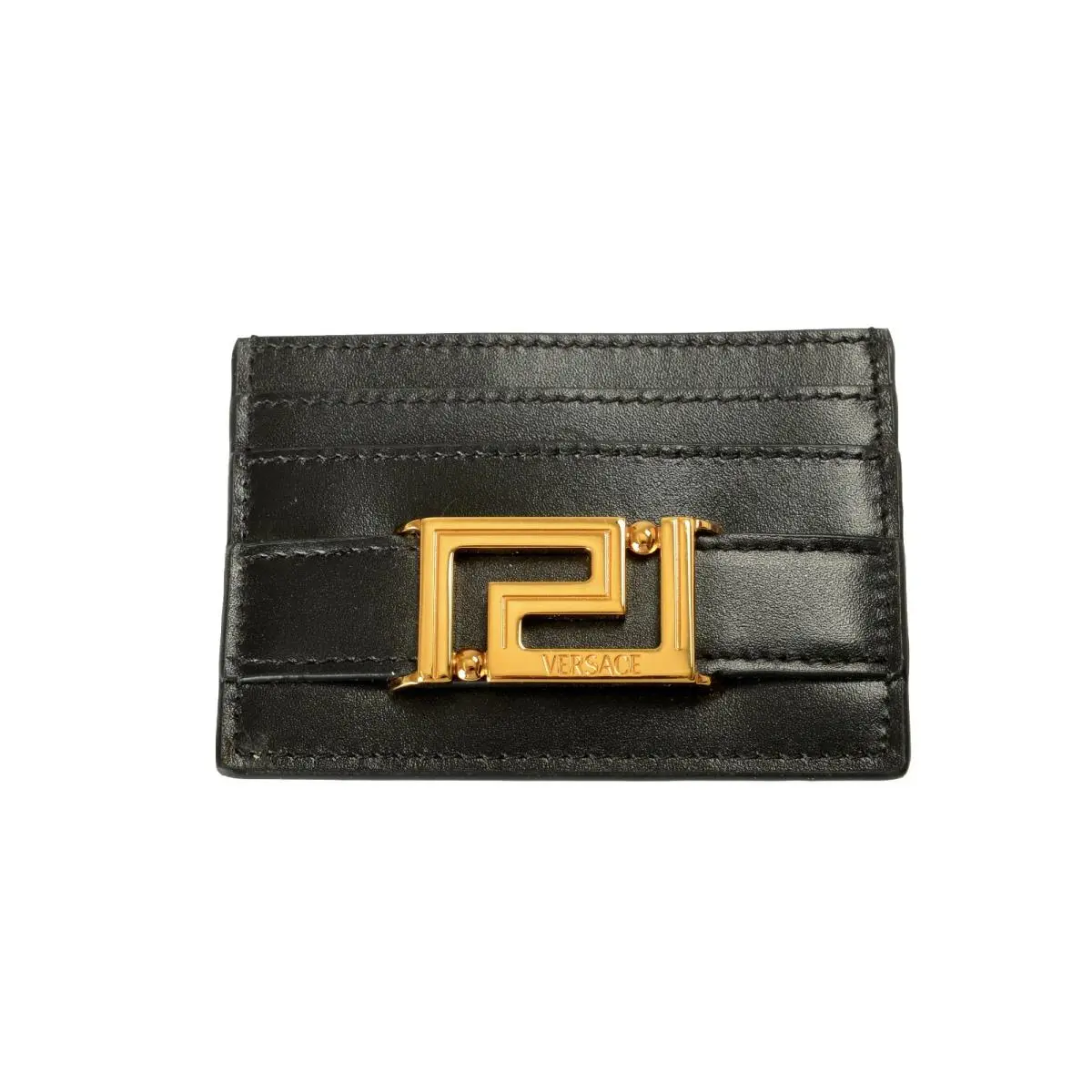 Versace Black Leather Gold Color Creeca Logo Card Case Holder