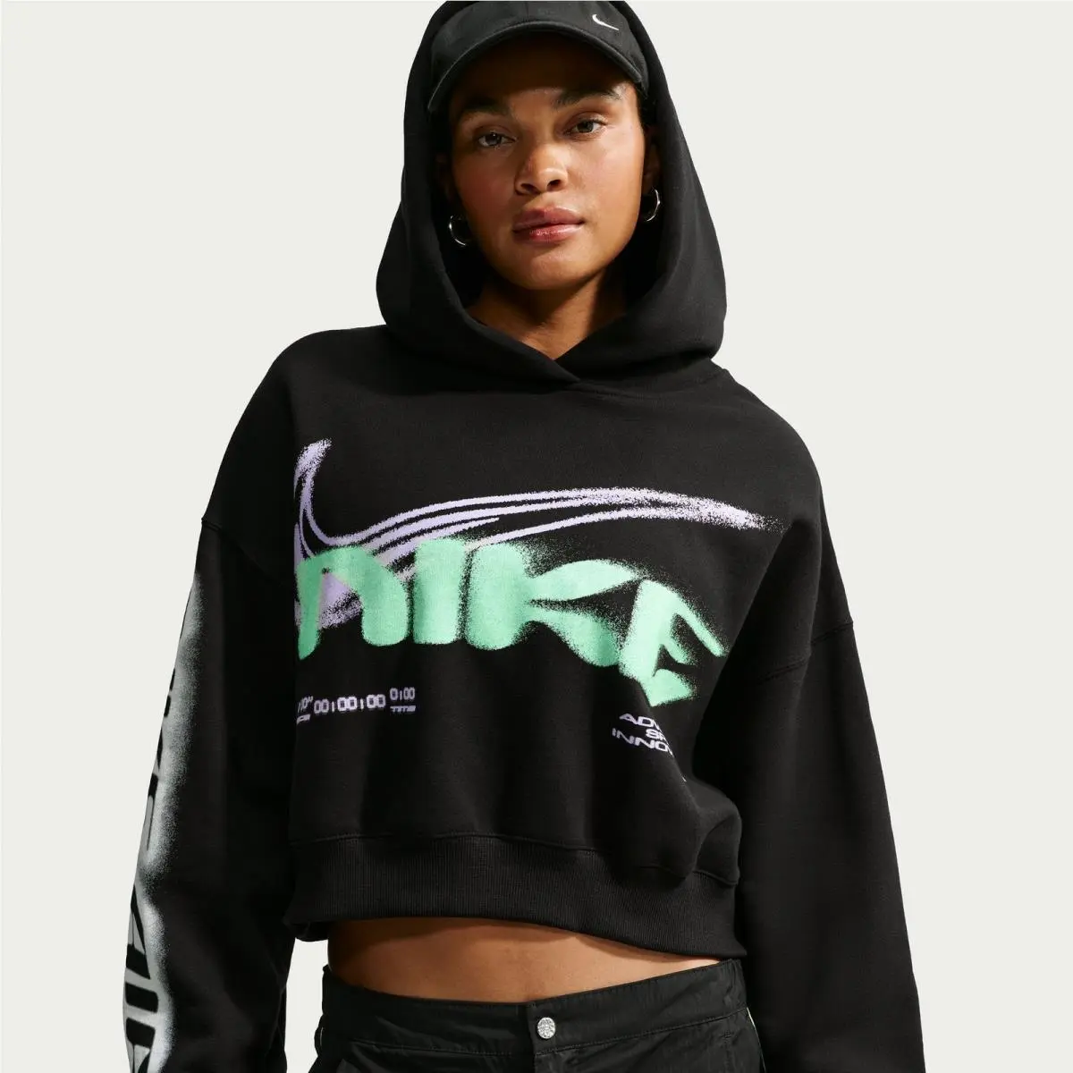 Womens Nike Studio Fleece Cropped Oversized Pullover Hoodie IV4952-001-SIZE XS