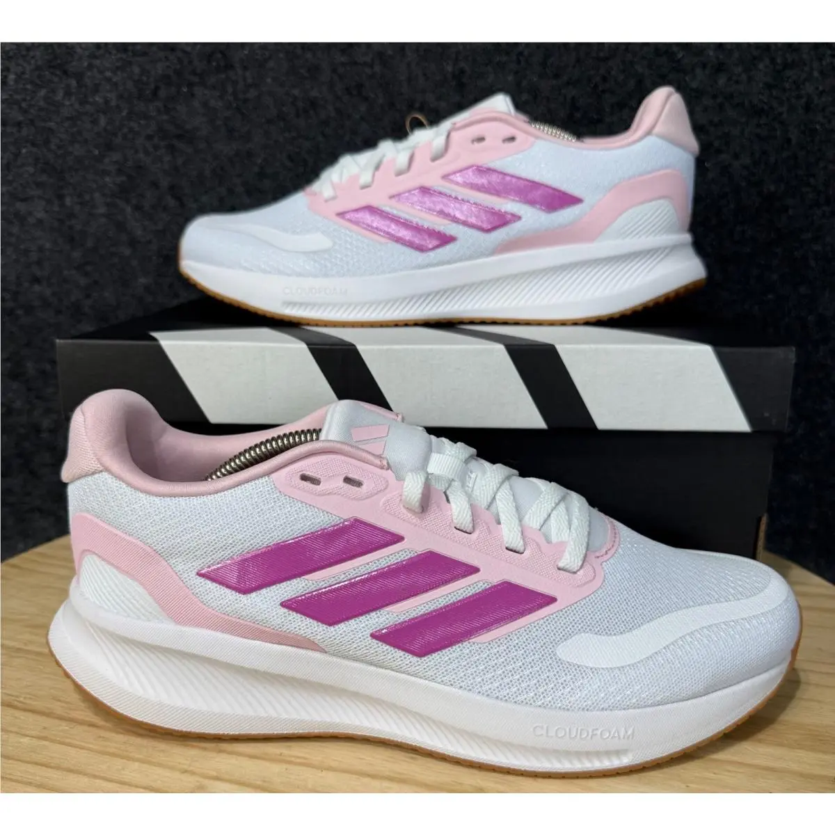Adidas Womens Runfalcon 5J White/pink Stripes Lightweight Size 7