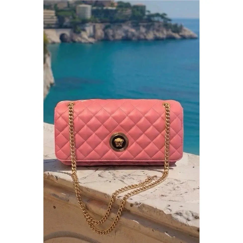Pink Médium Quilted Lambskin Leather Shoulder Crossbody Bag Purse by Versace
