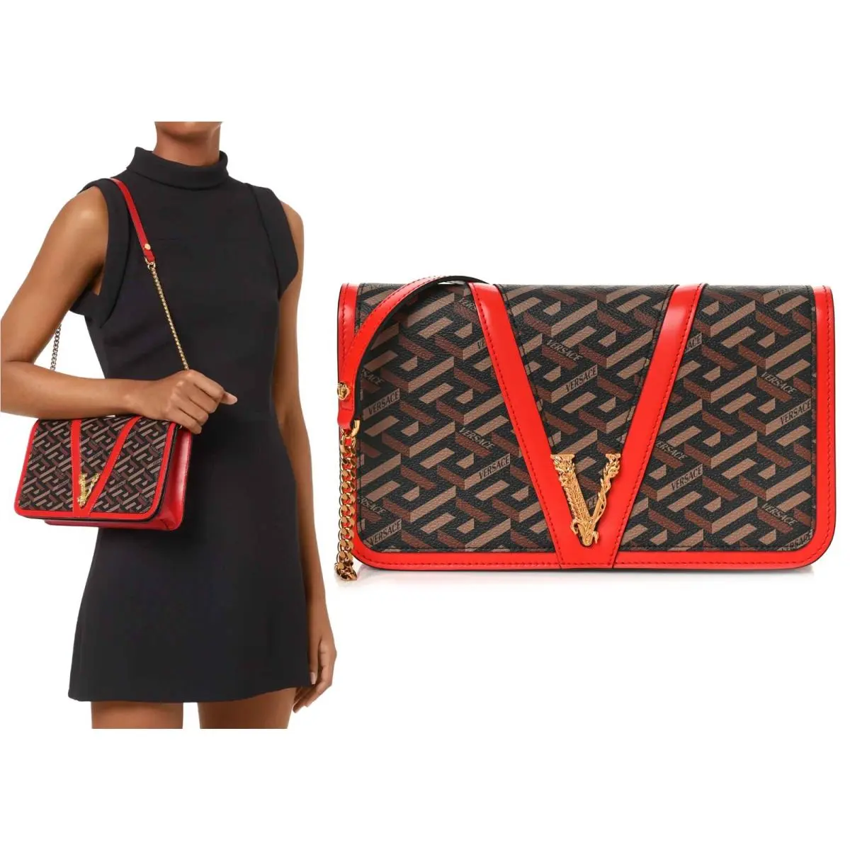 Virtus La Greca Women`s Coated Canvas Leather Shoulder Bag Black Caramel by Versace