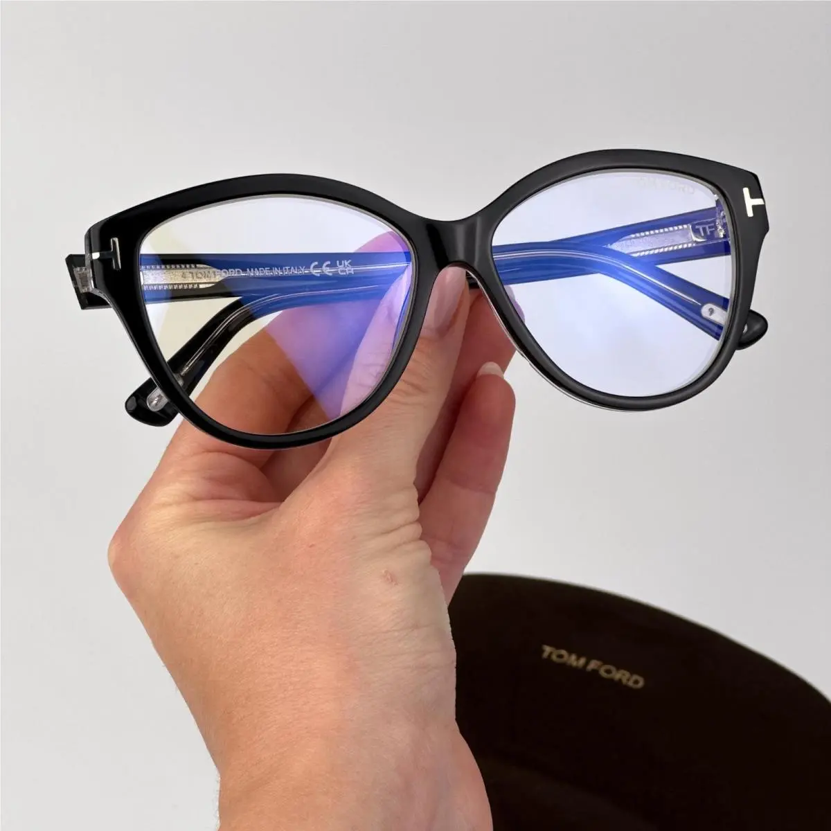 Tom Ford Woman Eyeglasses Black Crystal Blue Block Cat Eye FT5954-B 003