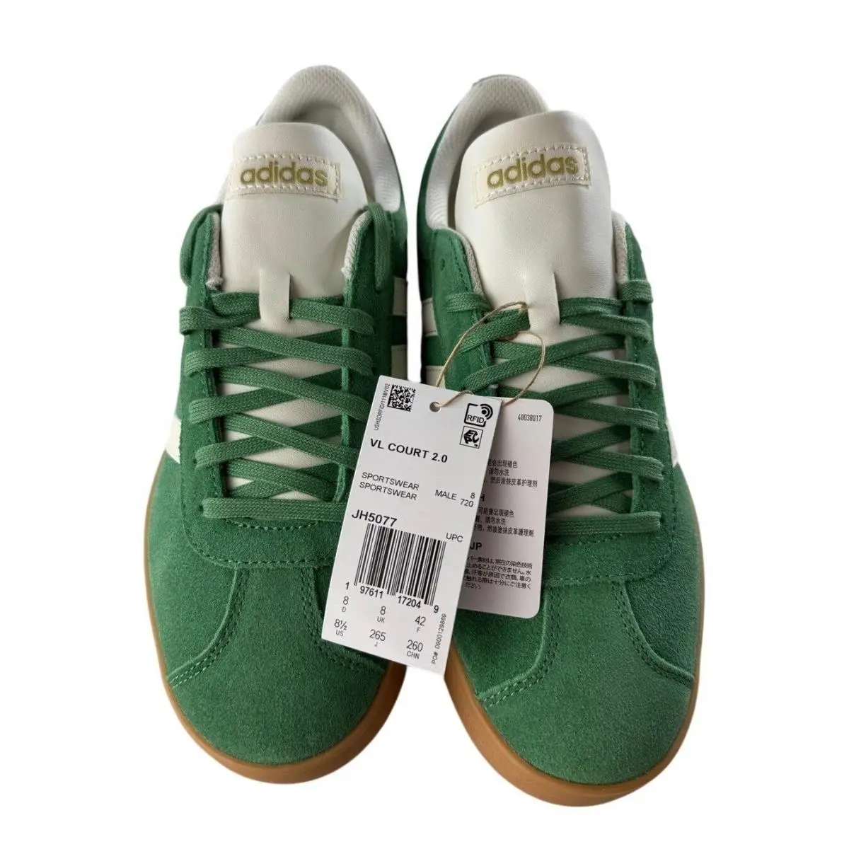 Adidas VL Court 2.0 Suede Green Gum Sole Sneakers Mens 8.5 Womens 9.5