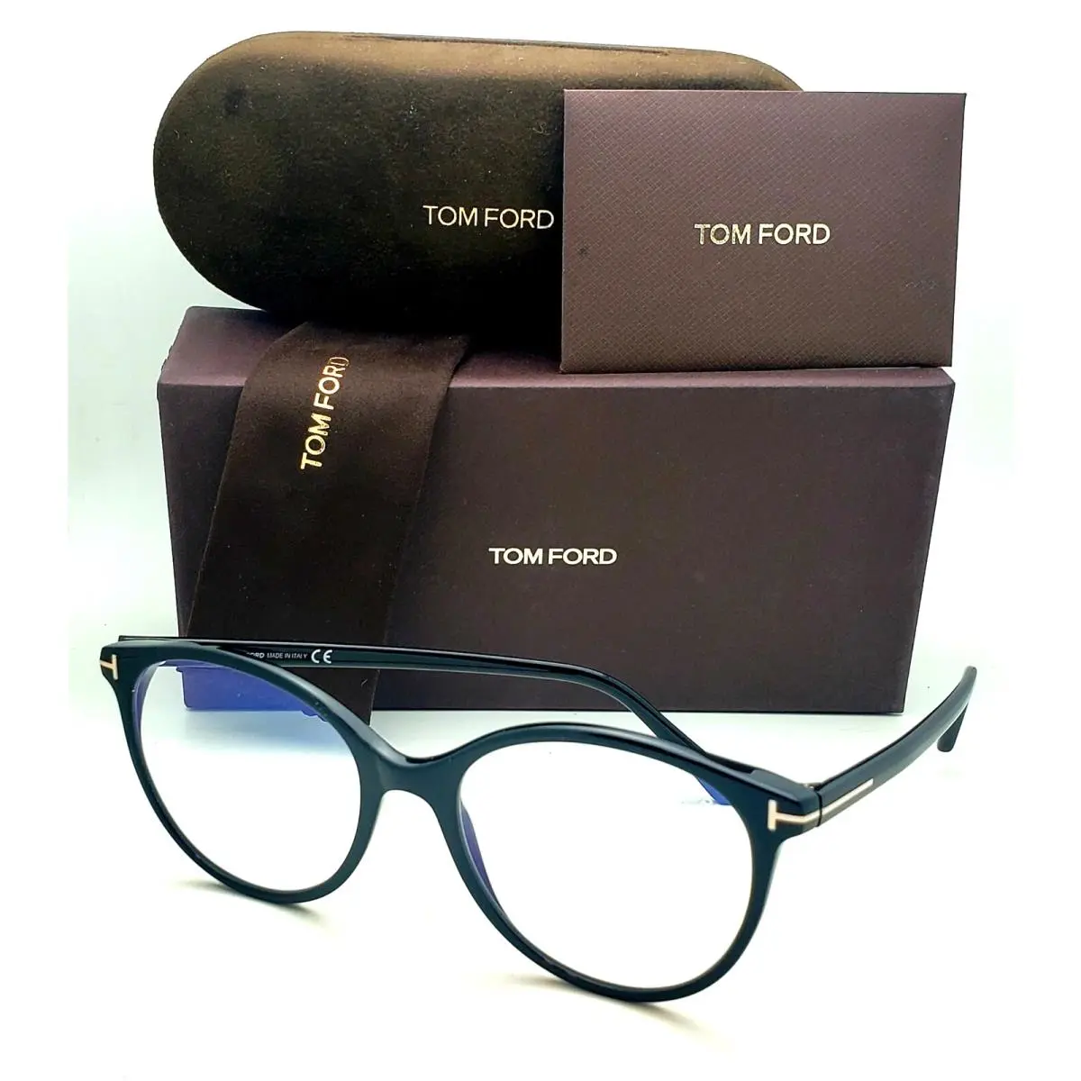 Tom Ford Blue Block Eyeglasses TF 5742-B 001 53-18 Black Gold Round Frames