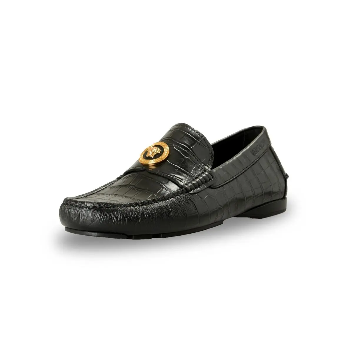 Versace Men`s Black Leather Croc Print Medusa Driver Loafers Shoes US 10 IT 43