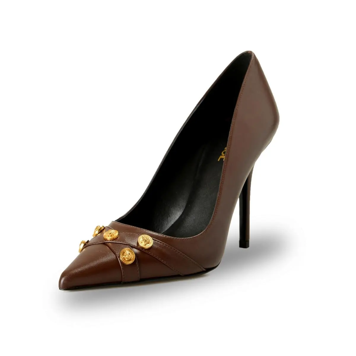 Versace Women`s Gold Medusa Chocolate Leather Stilettos Pumps Shoes US 9 IT 39