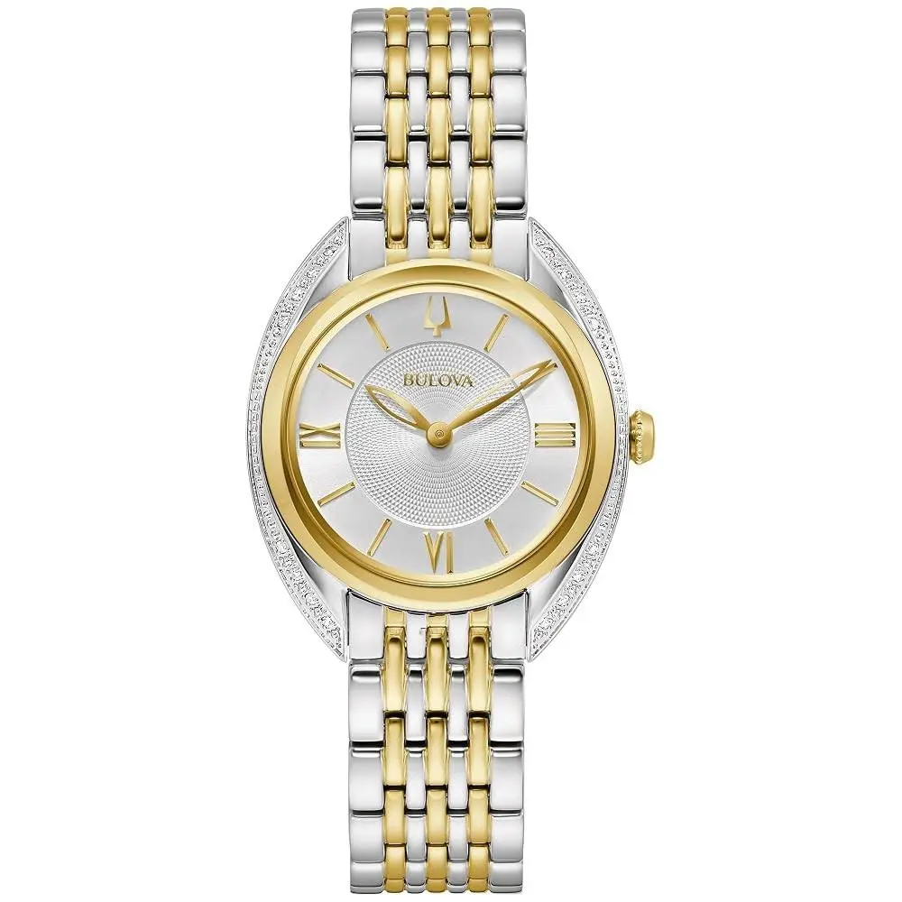 Bulova Women`s Classic Diamond Silver Dial Quartz 30mm Watch 98R296 - Dial: Silver, Band: Two-Tone, Bezel: Gold-Tone