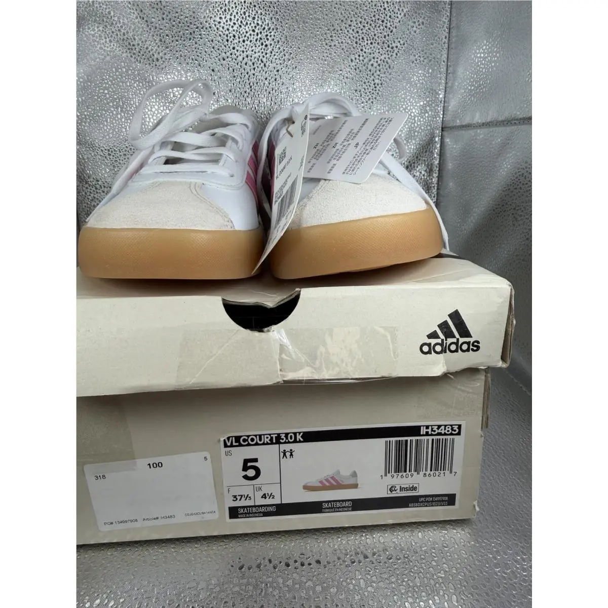 Adidas VL Court 3.0 K White Pink Gum Girls Kids Shoes Size 5 Skate IH3483