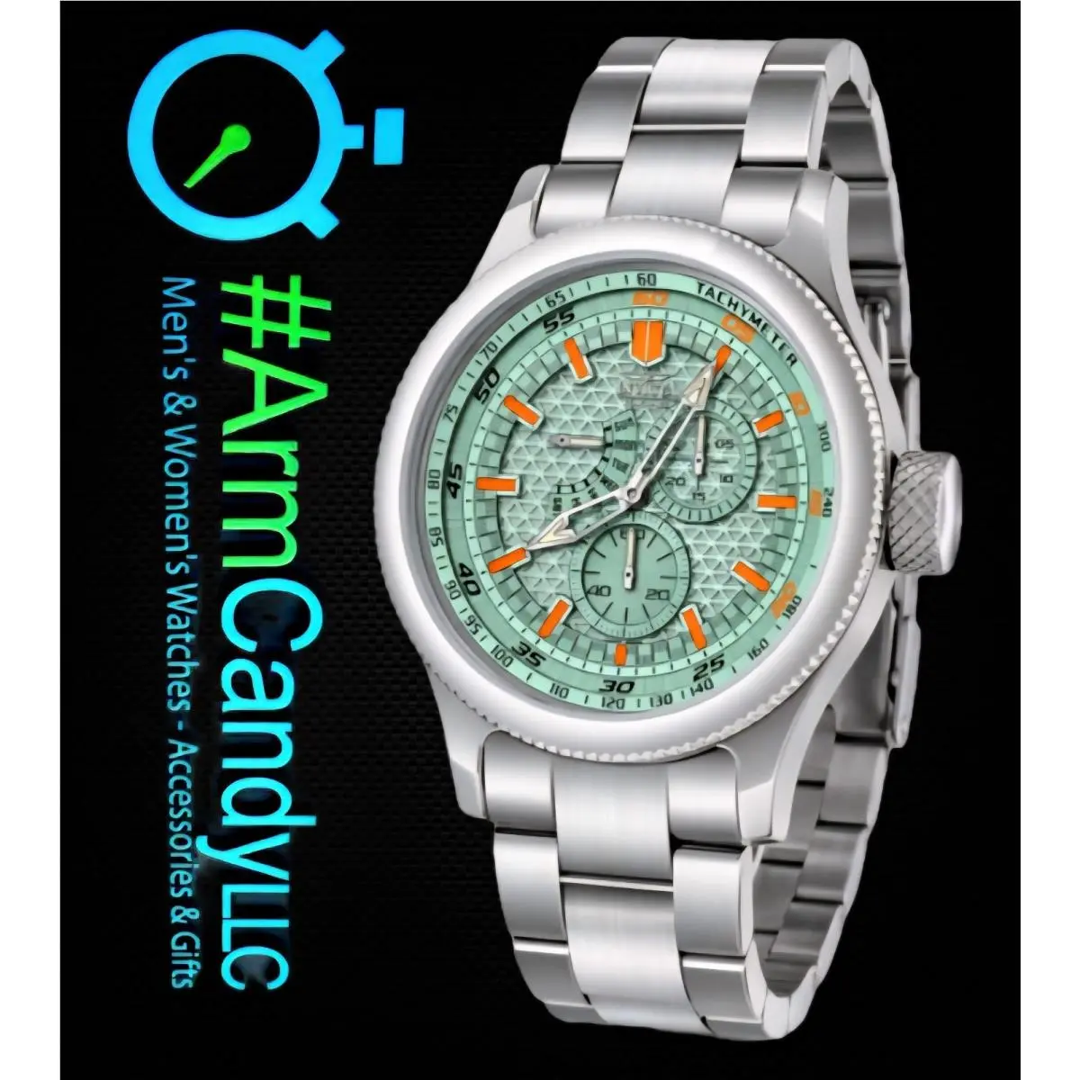 52mm Invicta Racing Mint Green Dial w/ Orange Accents Silver Case Bracelet