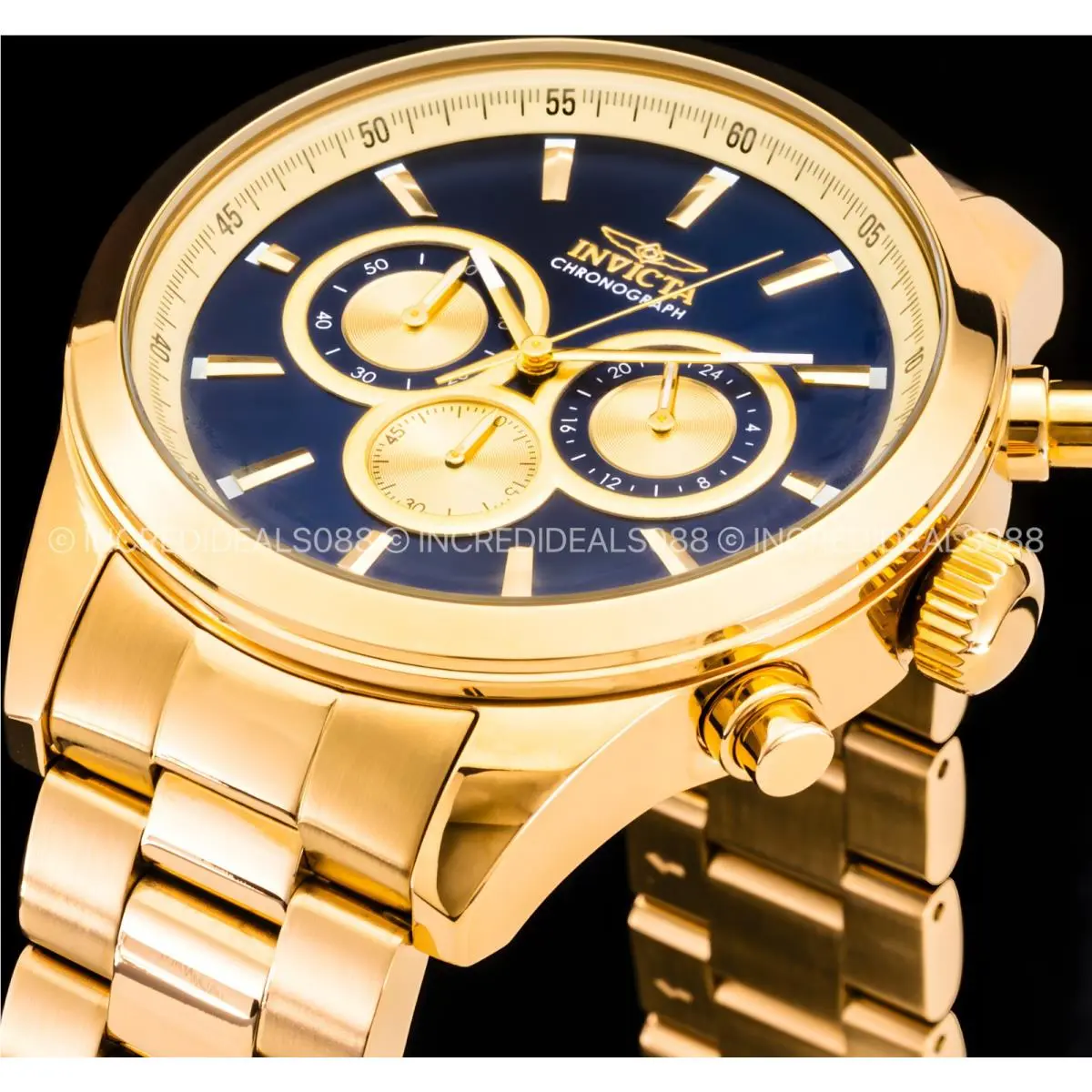 Invicta Men Specialty Chronograph Blue 18Kt Gold Dial Bracelet 48mm SS Watch