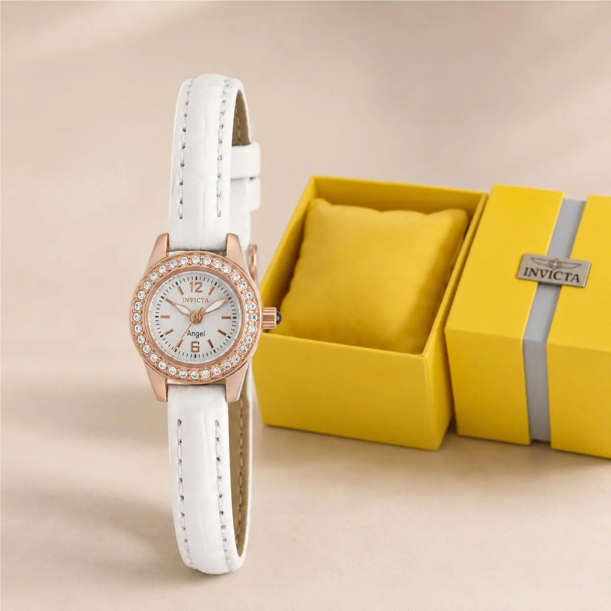 Invicta Women`s 14691 Angel White Dial Crystal Accented White Leather Watch