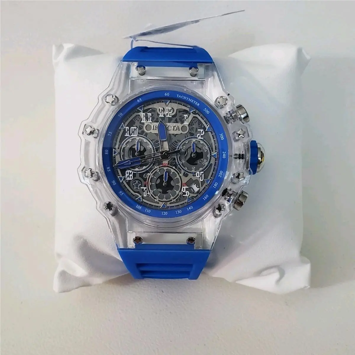 Invicta Chronograph Quartz Tachymeter Wristwatch Clear Case Blue Strap Box