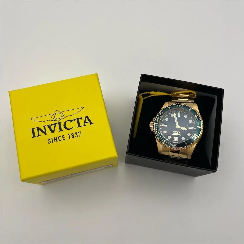 Invicta Pro Diver Men`s Quartz Watch Gold Tone Blue Dial Green Bezel Box