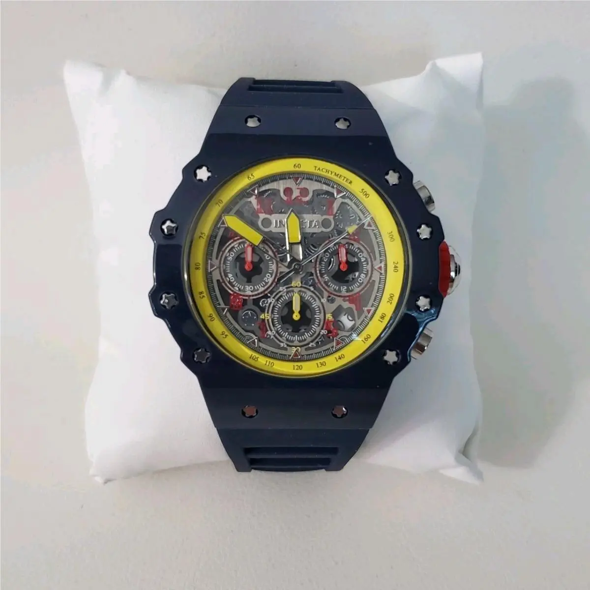 Invicta Men`s Chronograph Wristwatch Blue Yellow Analog Rubber Strap 69661