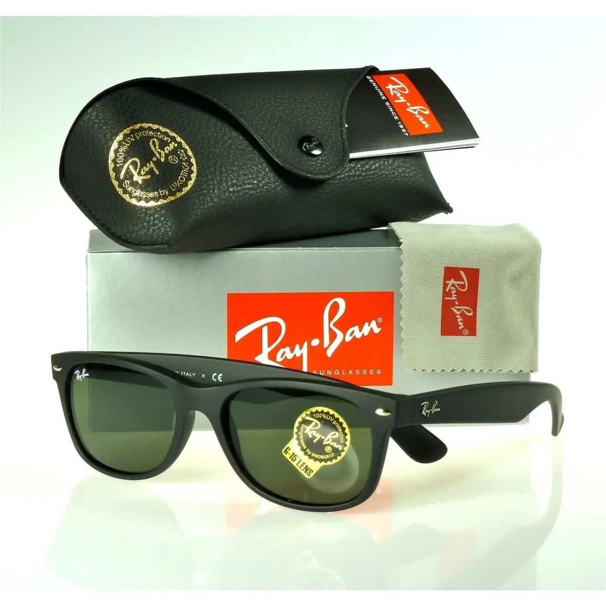 Ray-ban Wayfarer Matte Black Rubber l Green G-15XLT RB2132 622 58mm