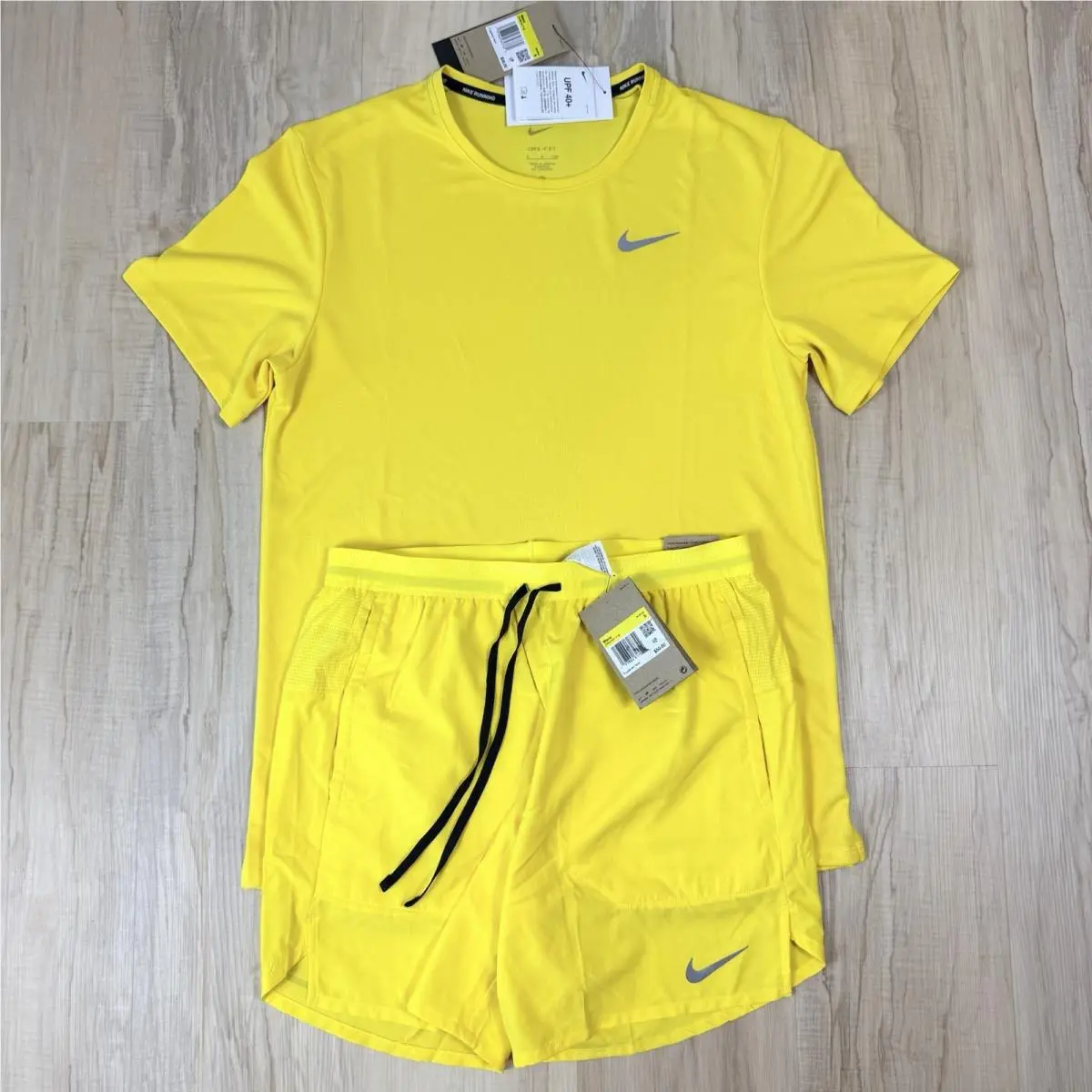 Nike Miler Dri-fit 2Pc Running Set Men`s Size S Reflective Yellow Shirt Shorts
