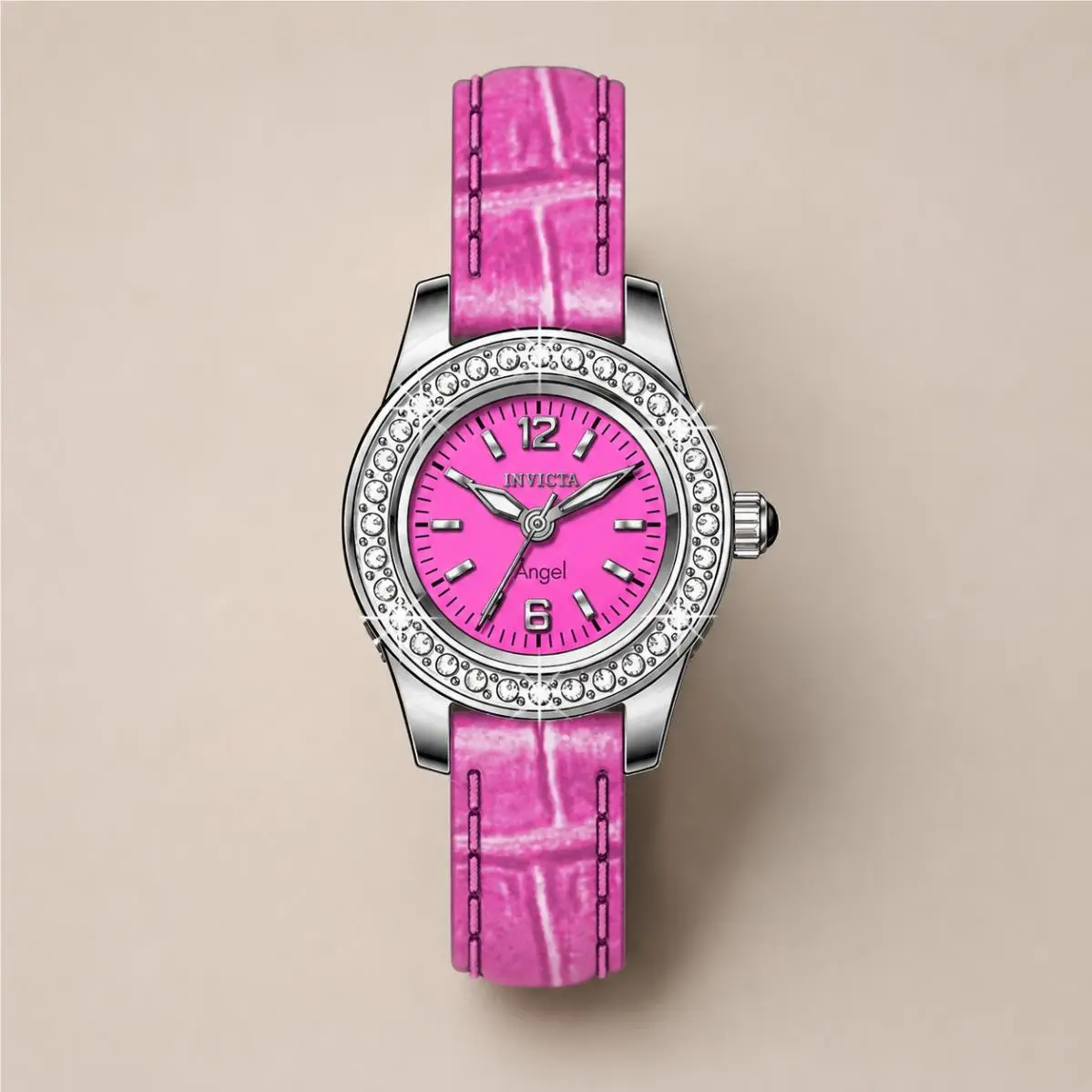 Invicta Women`s Angel Watch White Crystal Pink Dial Pink Leather 13661