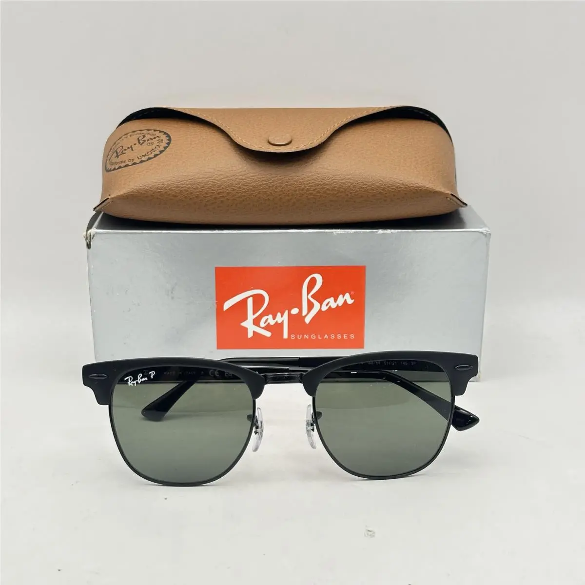 Ray Ban Clubmaster Metal Polarized Browline Sunglasses RB3716 Black/black/green