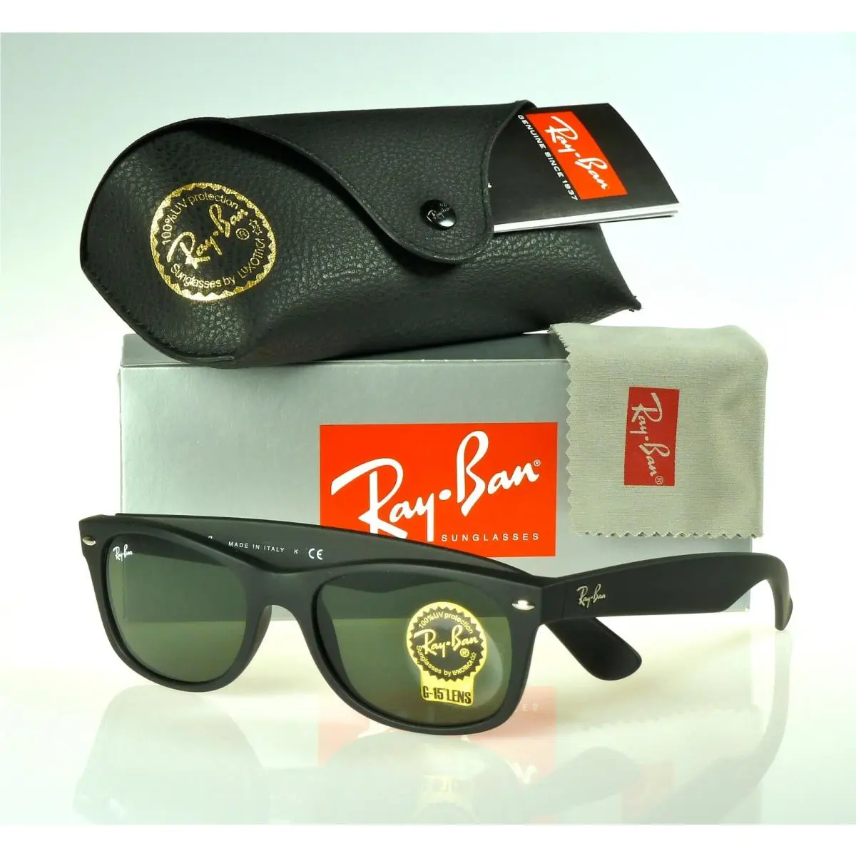 Ray-ban Wayfarer Matte Black Rubber l Green G-15XLT RB2132 622 55mm