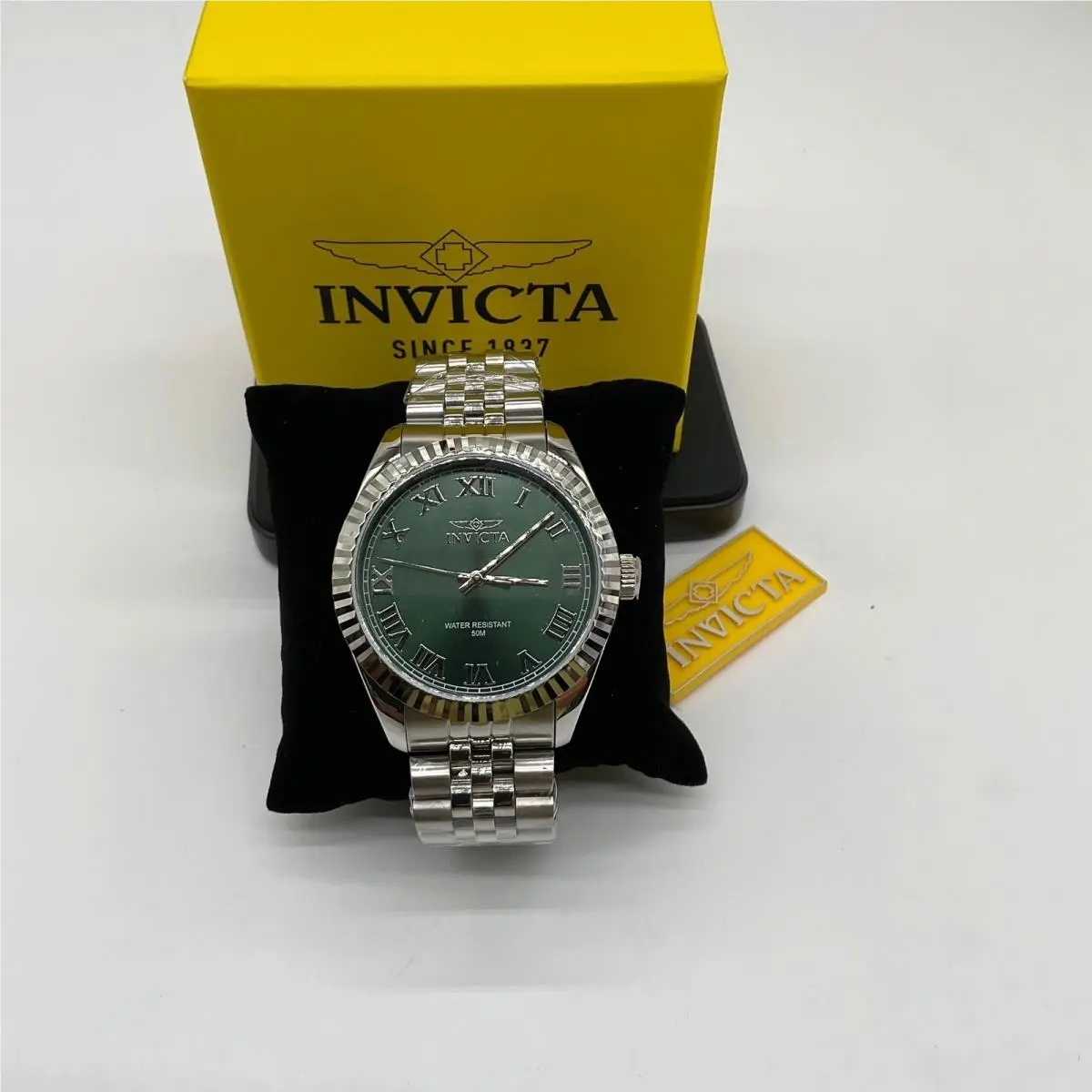 Invicta Specialty Windsor Mens 43mm Green Dial Silver Tone Fluted Bezel
