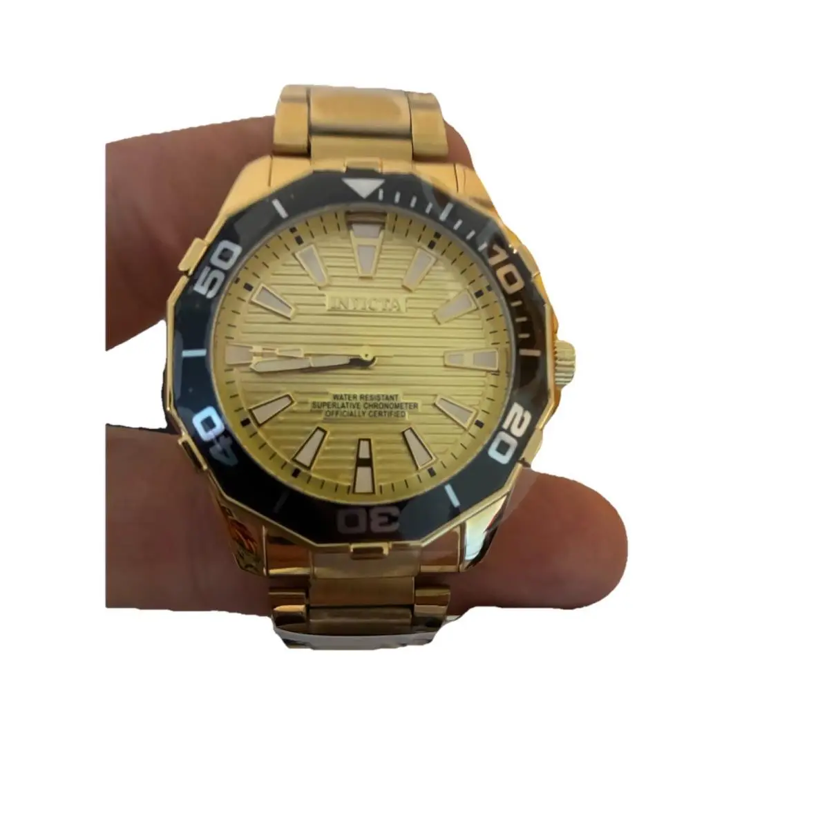 Invicta Diver Men`s Watch - Gold Metal Band Black Bezel Water-resistant Box