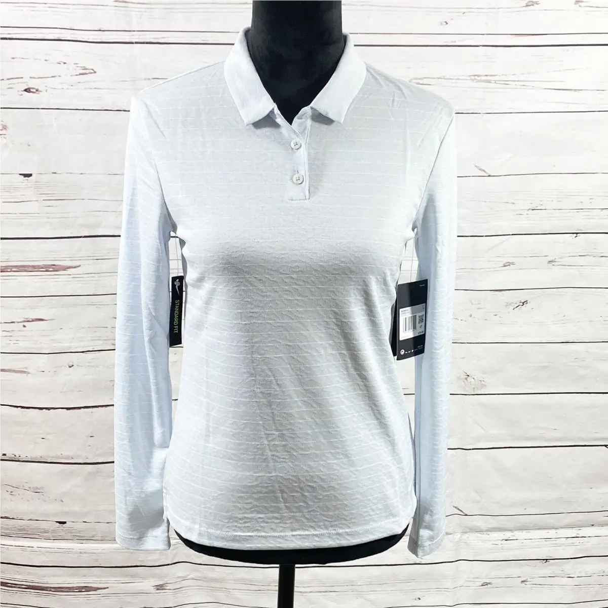 Top Womens Dri-fit Long Sleeve Striped Golf Polo Shirt Gray /white Sz M by Nike