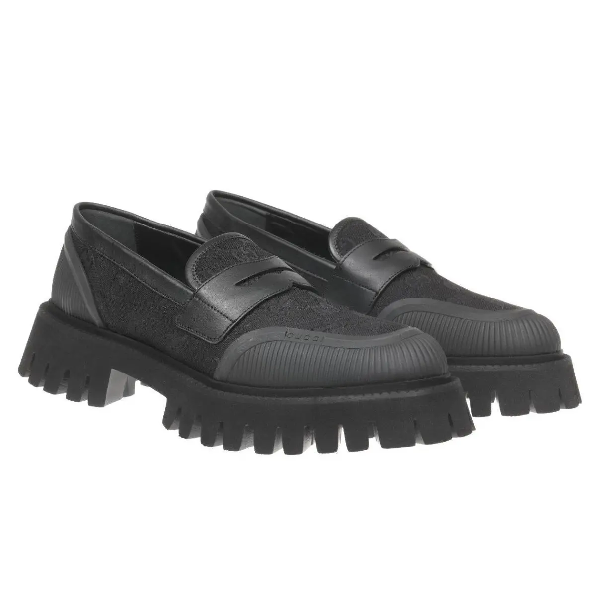 Gucci Men`s Luxury Black GG Guccissima Canvas Lug Sole Loafer Shoes 7.5/8