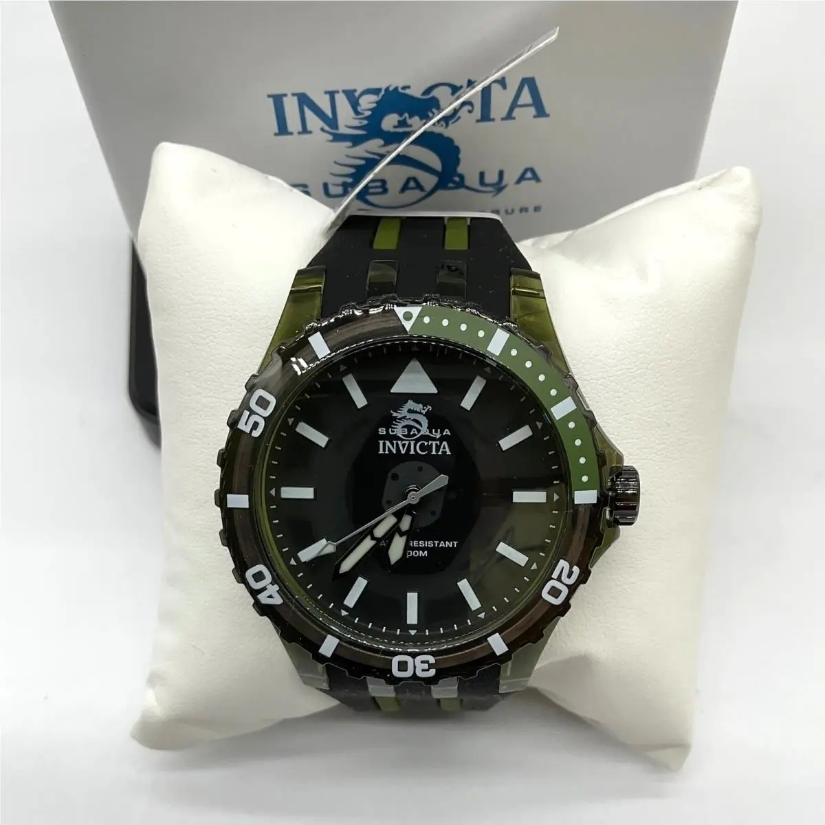Invicta Subaqua Mens 44mm Black Olive Green Silicone Strap 100M Water Resistant