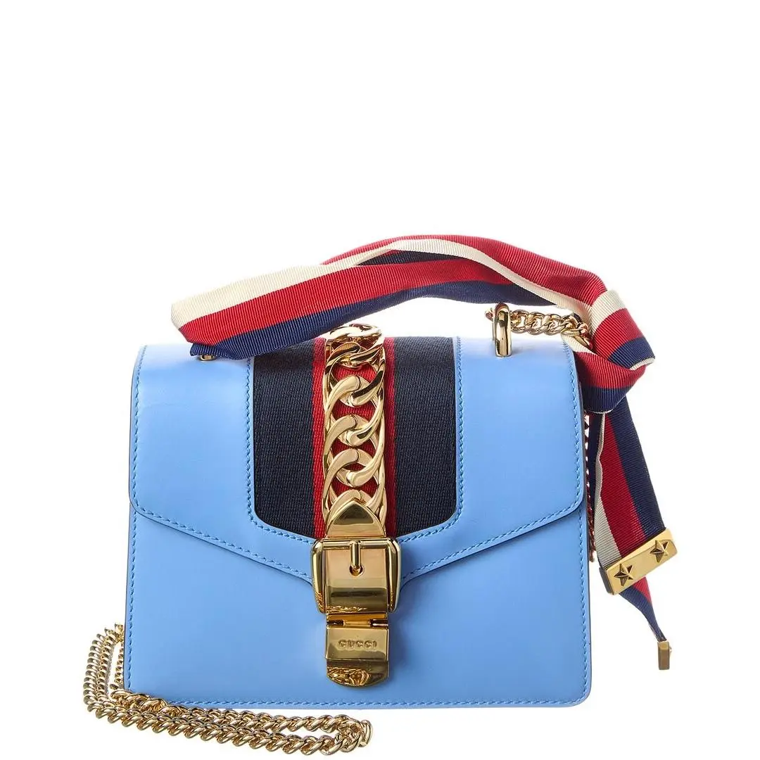 Sky Blue Calfskin Leather Mini Sylvie Chain Shoulder Bag by Gucci