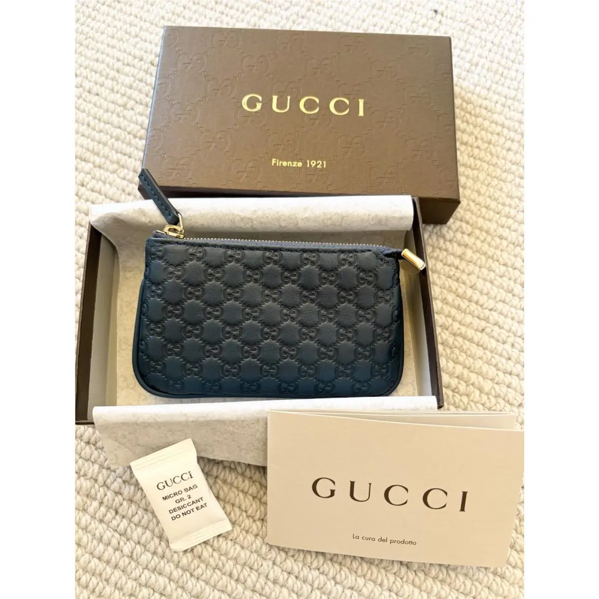Gucci Teal Leather Guccissima Micro GG Coin Key Chain Case w/ Box