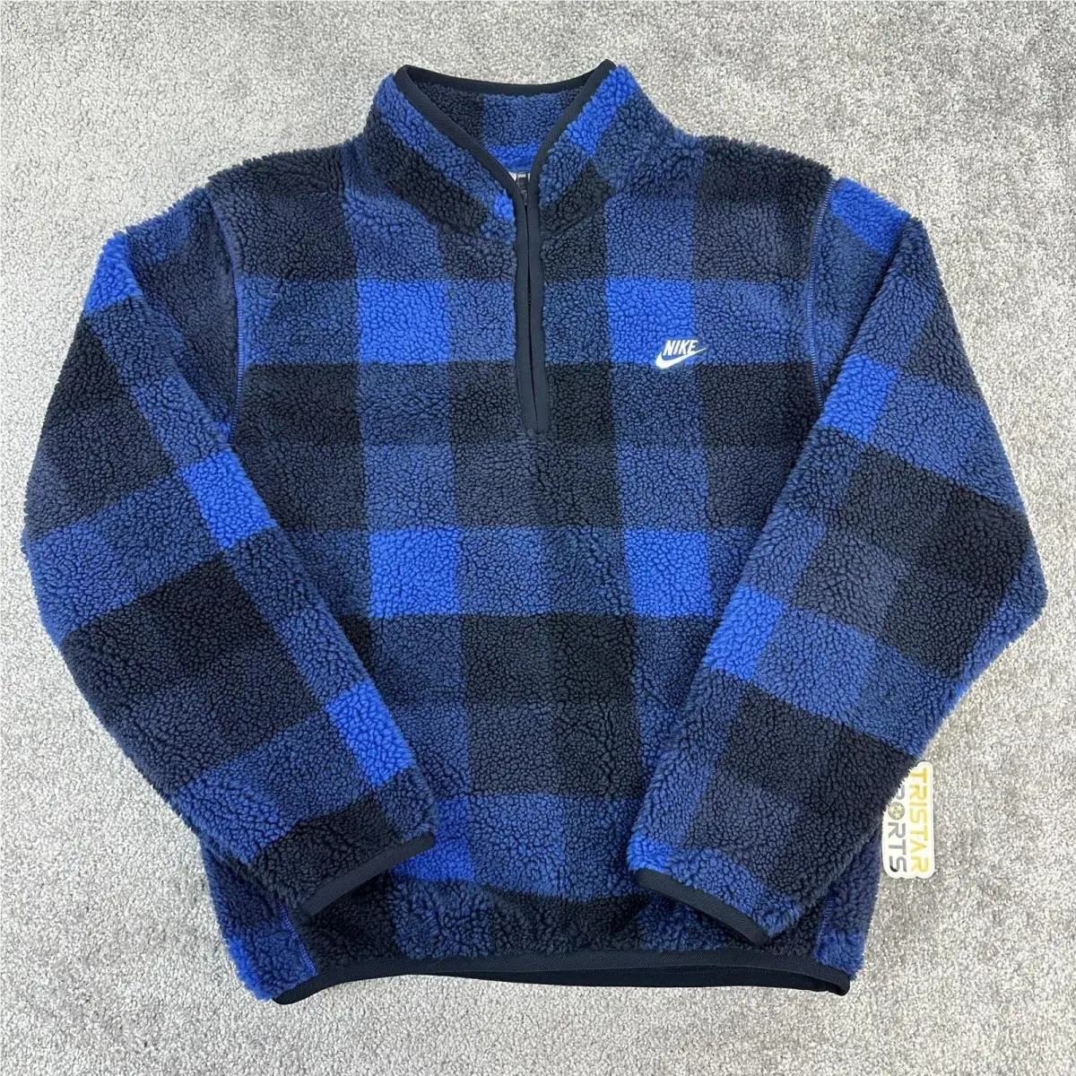 1/2 Zip Pullover Mens Small Blue Black Sherpa Fleece Buffalo Plaid by Nike