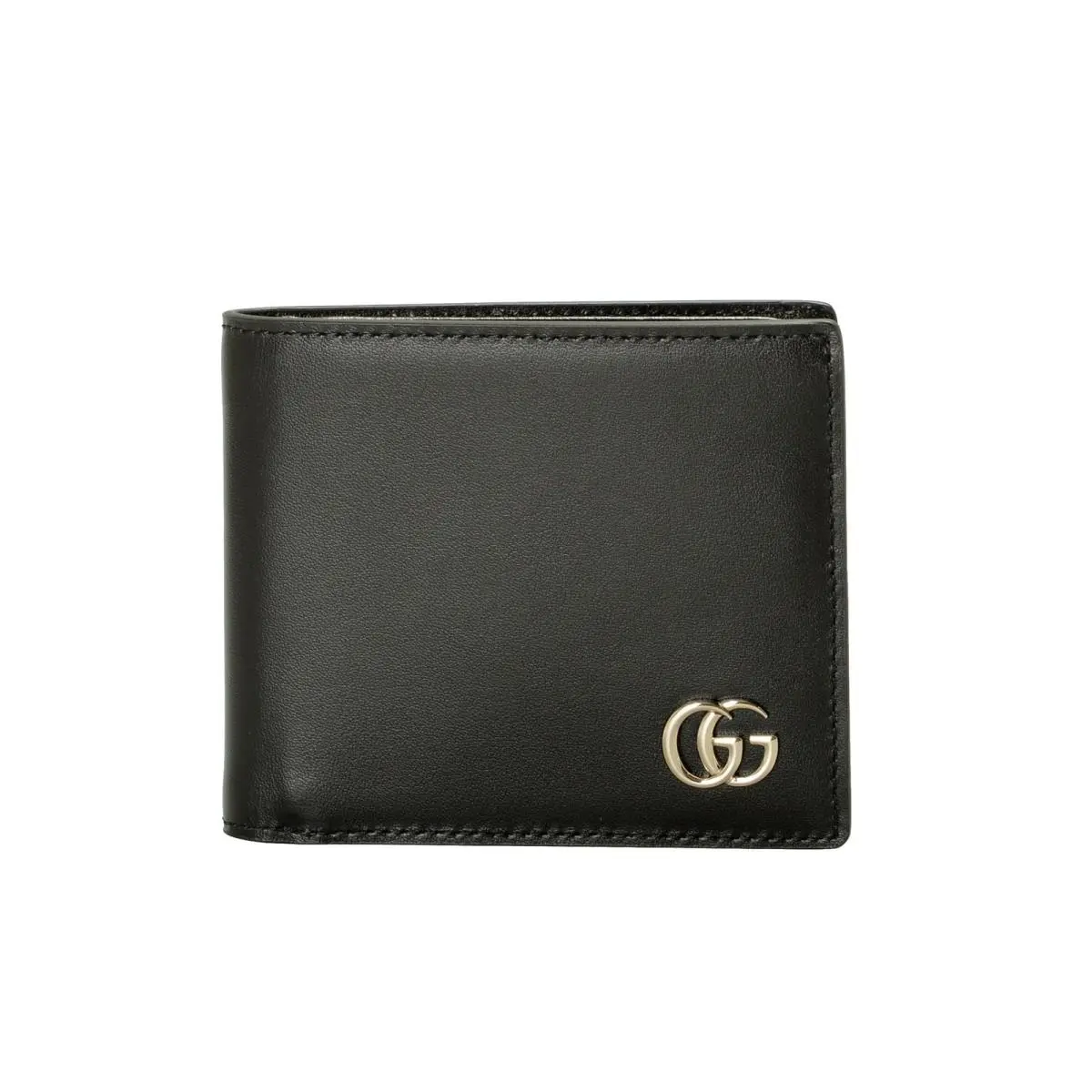Gucci Men`s Black Leather Bifold Wallet with Silver Color Metal Logo Detail
